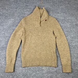 Ralph Lauren Rugby Mens Wool Shawl Collar Sweater Tan Elbow Patches Medium
